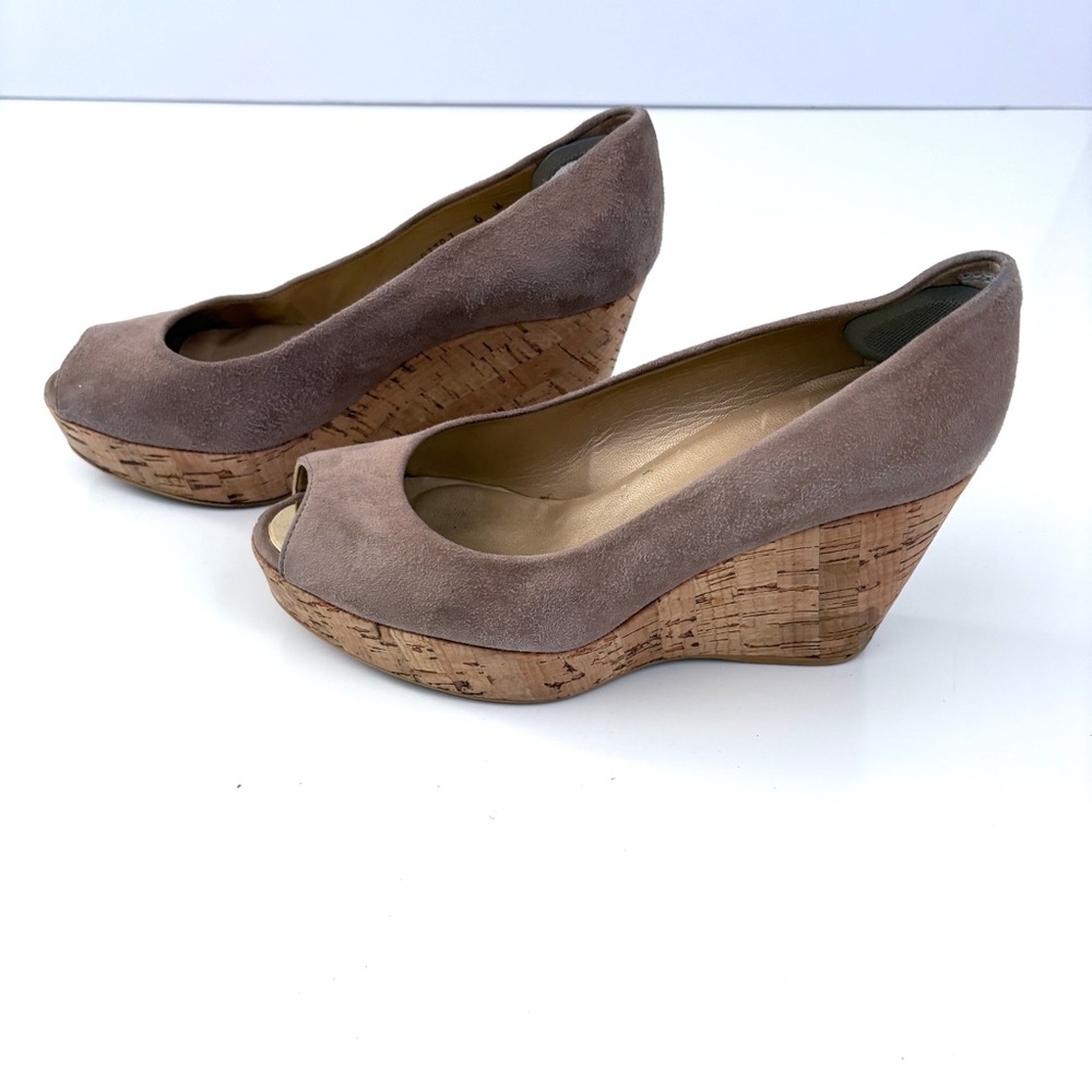 Stuart Weitzman | Beige Suede Peep Toe‎ Cork Wedge Shoes Size 6 - Picture 4 of 8